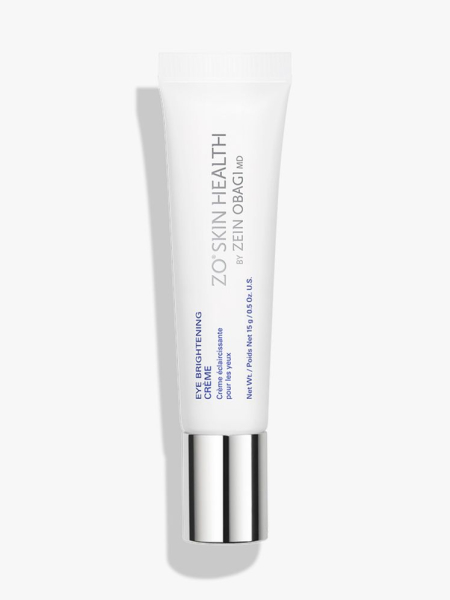 ZO Skin Health Eye Brightening Crème white tube with silver cap on light gray background