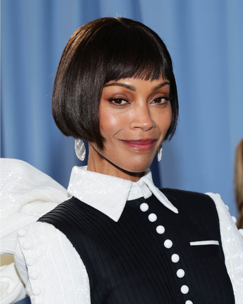Straight French bob with thick fringe on Zoe Saldaña.