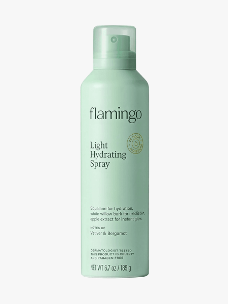 Flamingo Light Hydrating Spray in branded component on a light gray background