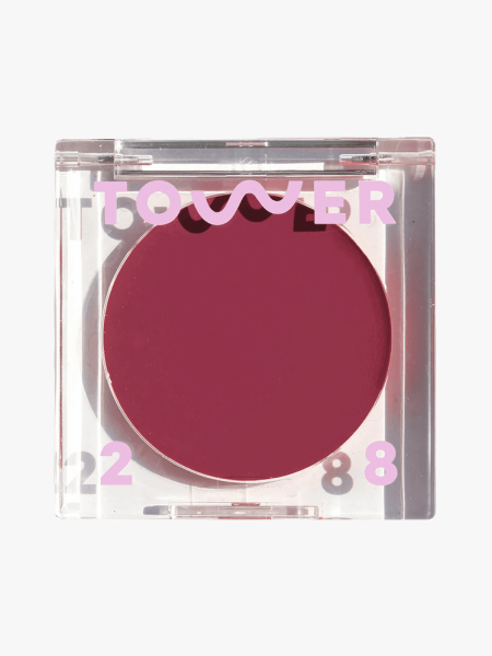 Tower 28 Beauty BeachPlease Lip + Cheek Cream Blush in muted berry shade in clear branded compact on light gray background