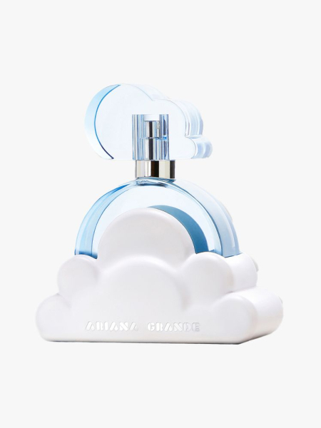 Ariana Grande Cloud Eau de Parfum blue and white cloud shaped bottle of perfume on light gray background