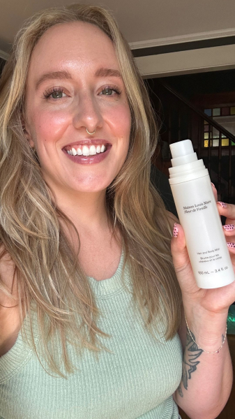 Kara McGrath holding the Maison Louis Marie Fleur de Vanille Hair  Body Mist