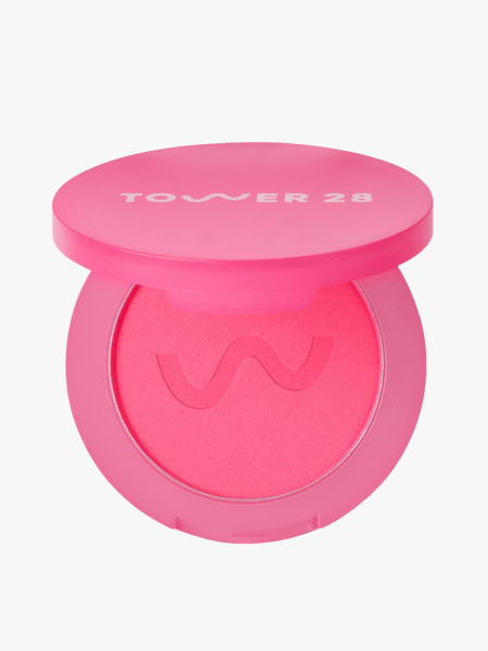 Tower 28 GetSet Blur + Set Matte Powder Blush in branded component on a light gray background