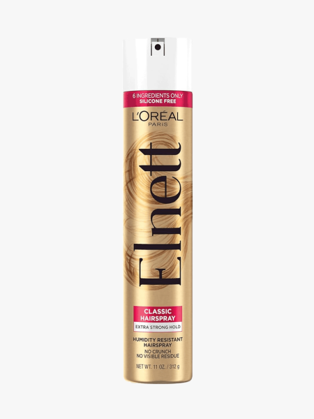 L’Oreal Paris Ellnet Satin Strong Hold Classic Hairspray in branded component on a light gray background