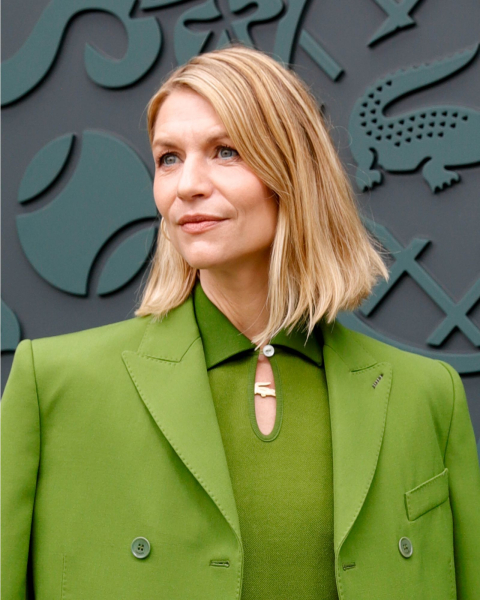 Claire Danes with a long sidepart blonde aline bob.